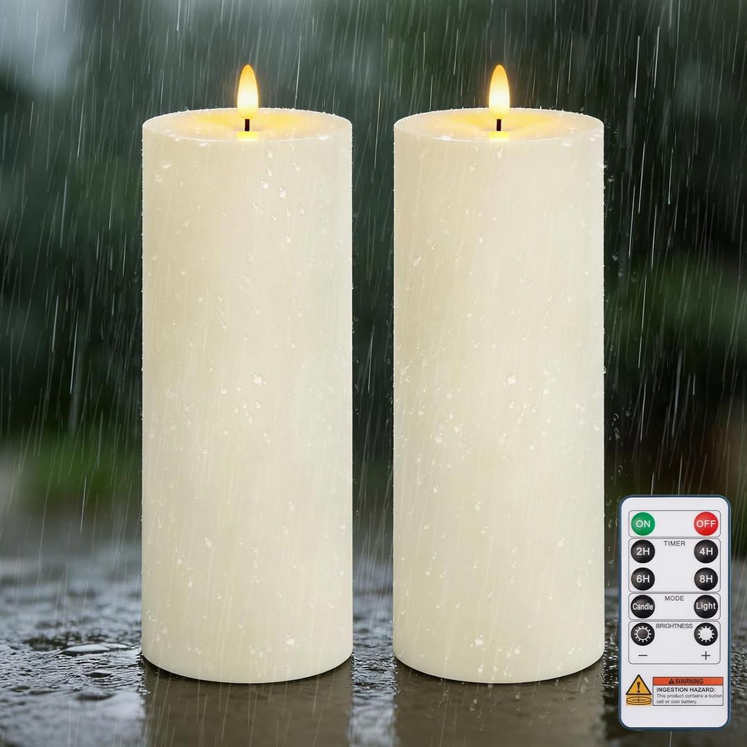 Homemory Outdoor Waterproof Flameless LED Candles 4" x 10", Battery Operated Large Pillar Candles with Remote & Timer, Long Lasting for Outdoor Lanterns & Patio, White, Set of 2