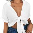 GOBLES Womens Summer Short Sleeve Shirts V Neck Tie Knot Batwing Blouses Tops (X-Large, White)