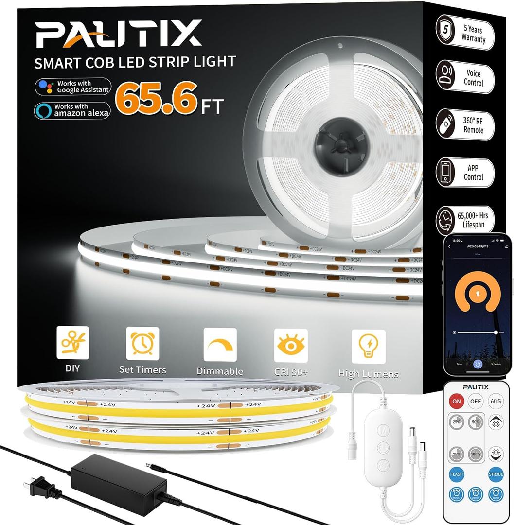 PAUTIX COB LED Strip Light 65.6ft/20m,Work with Alexa/Google Assistant,9600 LEDs Daylight White 6000K,CRI93+ Super Bright High Lumen,Dimmable 24V Flexible LED Light Strip,for Home&Office DIY Lighting