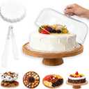 Wooden Cake Stand with Clear Lid, 11in 4-in-1 Round Dessert Stand Includes Baking Paper and Food Tongs, Multifunctional Cake Holder Dessert Table Display Set for Party Wedding Birthday