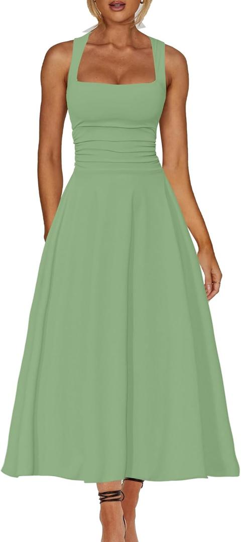 Kaximil Women's Square Neck Corset A Line Maxi Dress Ruffle Ruched Waist Flowy Long Dresses L