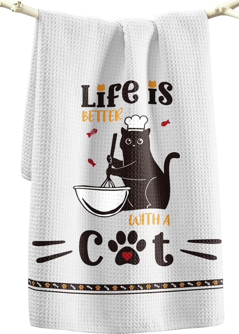 Cat Funny Kitchen Towels - 15x28 Inch Decorative Waffle Microfiber Dish Cloths Cute Absorbent Reusable Hand Tea Towels with Hanging Loop Black Cats Gift for Cat Lovers