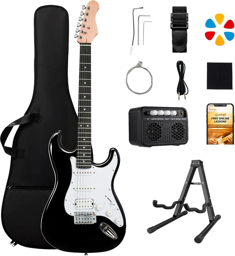 39in Full Size Electric Guitar Starter Kit, Solid Body Electric Guitar Set for Beginners with 10W BT Amp, Stand, Gig Bag, Strap, Strings, Tremolo Bar, 6 Picks and Online Lessons (Black)