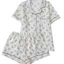 Remidoo Women's Floral Pajama Set Button Up Pajamas Shorts Pj Sets 2 Piece Sleepwear White XX-Large (XL)