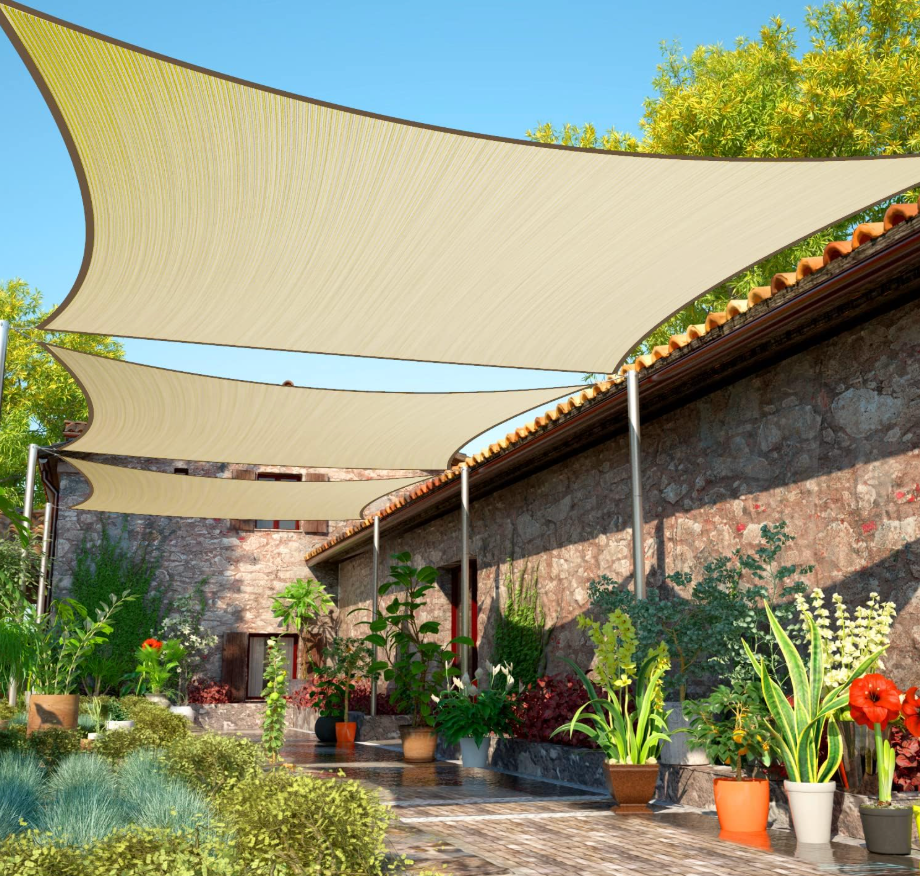 ShadeMart 12' x 20' Beige Sun Shade Sail UPF50 Rectangle Canopy Fabric Cloth Screen smTAPR1220, Water and Air Permeable & UV Resistant, Heavy Duty, Carport Patio Outdoor