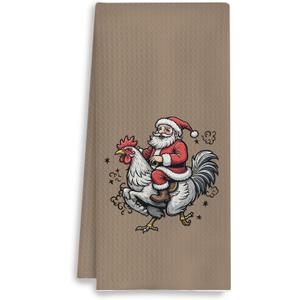 COWEB Christmas Santa Chicken Kitchen Towels, Chicken Lover Gifts, Funny Christmas Santa Riding Rooster Decorative Dish Tea Hand Towels for Kitchen Bathroom, 16x24 Inches