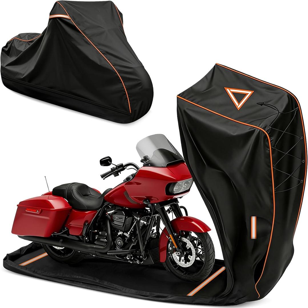 COVERVIN Full Enclosed Motorcycle Cover, 600D Heavy Duty Waterproof Motorcycle Cover, Outdoor UV Protection with Reflective Strips, Fits 108" Harley Honda Yamaha Suzuki, Cruiser, Touring Black