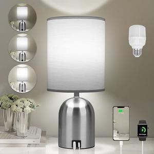 Fttoyoly Bedside Table Lamp for Bedroom, 3 Way Dimmable Touch Small Desk Lamp for Office with USB Charging Port Lamps for Living Room, Bedroom, Reading Room, Office, Grey/Sliver, Silver