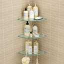 KES Glass Corner Shelf with Hooks 18/8 Stainless Steel, Tempered Glass Bathroom Corner Shelf with Rail, Shower Glass Shelf 3 Pack Wall Mounted, Brushed Finish, BGS2101A-2-P3