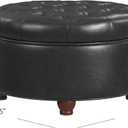 HomePop 25" Button Tufted Round Storage Ottoman - Black Faux Leather, 25"D x 25"W x 15"H
