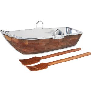 Godinger Wood Lined Boat Bowl with Salad Server, Silver