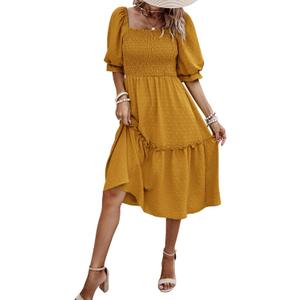 PRETTYGARDEN Women's Summer Casual Dresses 2026 Spring Puff Sleeve Square Neck A Line Flowy Boho Floral Smocked Midi Dress (Medium, Turmeric)