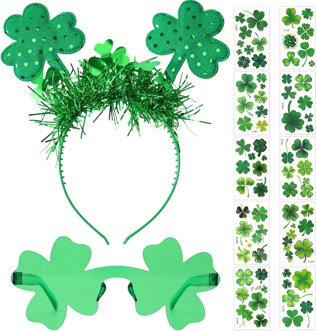 4 x 12Pcs St Patricks Day Headband Costume Accessories Set - Sequin Clover Boppers Headband Shamrock Sunglasses Temporary Tattoos Irish Costume Accessories Irish Party Cosplay Favors
