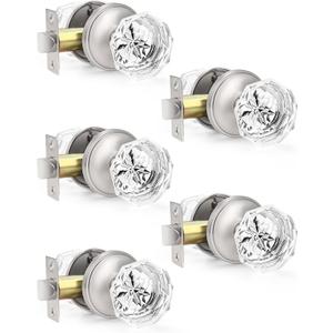 Orger 5 Pack Glass Door Knobs for Hallway and Closet, Crystal Passage Door Knobs with Round Diamond Shape, Non-Locking Interior Door Handles, Round Rosette with Satin Nickel Finish