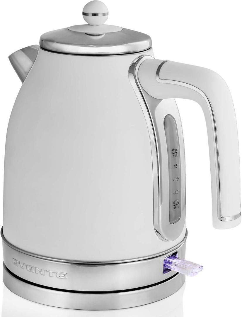 OVENTE 1.7L Electric Kettle, 1500W Fast Boiling Water Heater for Coffee or Tea with Stainless Steel BPA-Free and Cordless Body, Auto Shut-Off, Boil-Dry Protection and Removable Filter, White KS777W (1.8 Quarts, White Matte)