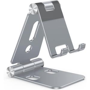 OMOTON Foldable Cell Phone Stand, C4 Portable Aluminum Phone Holder, Adjustable Phone Dock Cradle Compatible with iPhone 16/15/14 Pro Max, Samsung Galaxy, Small Tablets and Other Phones, Grey