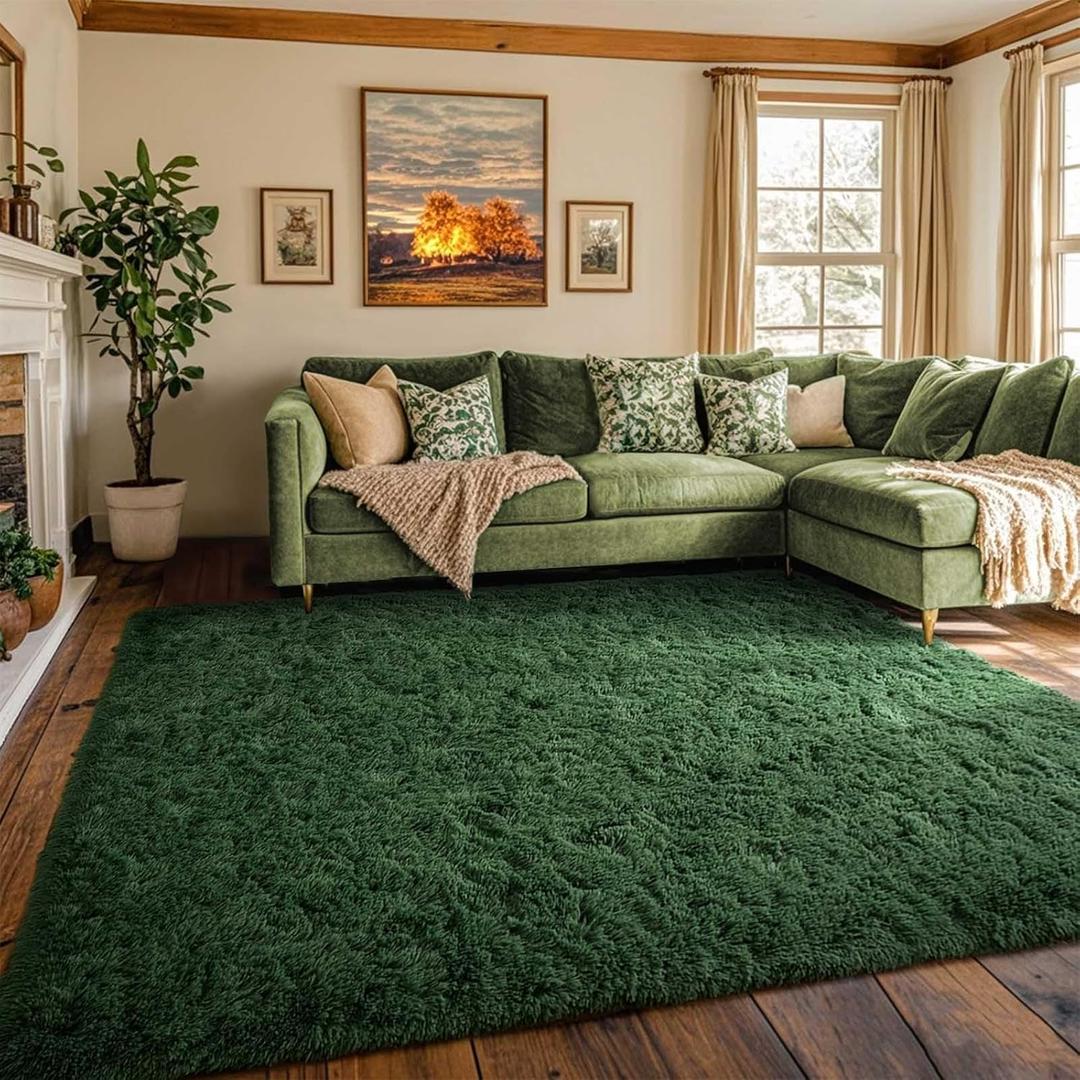 Area Rugs for Bedroom Living Room, Dark Green 4x6 Fluffy Shaggy Rug for Kids Girls Boys Bedroom, Non-Slip Soft Plush Indoor Floor Carpet for Dorm Home Decor