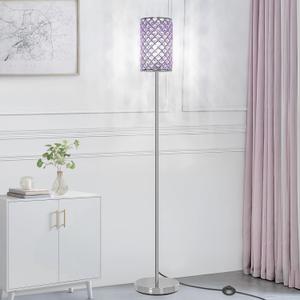 Floor Lamp for Bedroom, Lavender Crystal Floor Lamp with Glam Shade, Elegant Standing Lamp with On/Off Foot Switch & Silver Base, Corner Pole Lamp for Girls Bedroom, Living Room, Office (E26 Base)