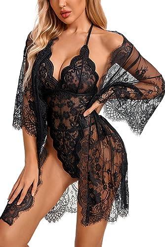 Avidlove Women Sexy Lingerie Set 2 Piece Lace Kimono Robe with Lace Teddy Lingerie Bodysuit, Size L Avidlove Women Sexy Lingerie Set 2 Piece Lace Kimono Robe with Lace Teddy Lingerie Bodysuit, Size L