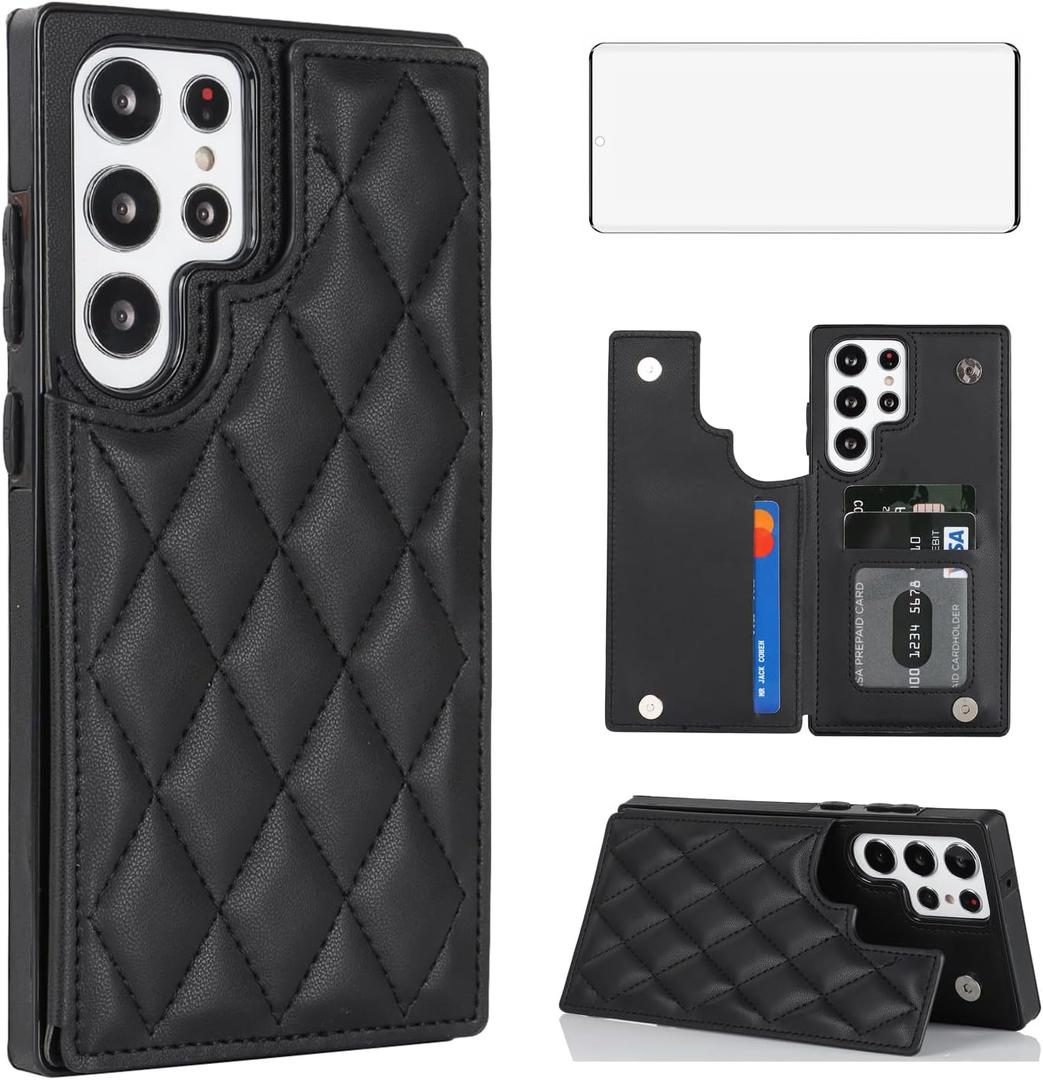 Asuwish Phone Case for Samsung Galaxy S23 Ultra 5G Wallet Cover with Tempered Glass Screen Protector and Leather RFID Credit Card Holder Stand Cell S23Ultra 23S S 23 23Ultra 6.8 inch Women Men Black