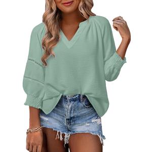 Dokotoo Womens Summer Tops 3/4 Lantern Sleeve Casual V-Neck T-Shirts Pleated Loose Tunic Hollow-Out Blouse (Large, Green)