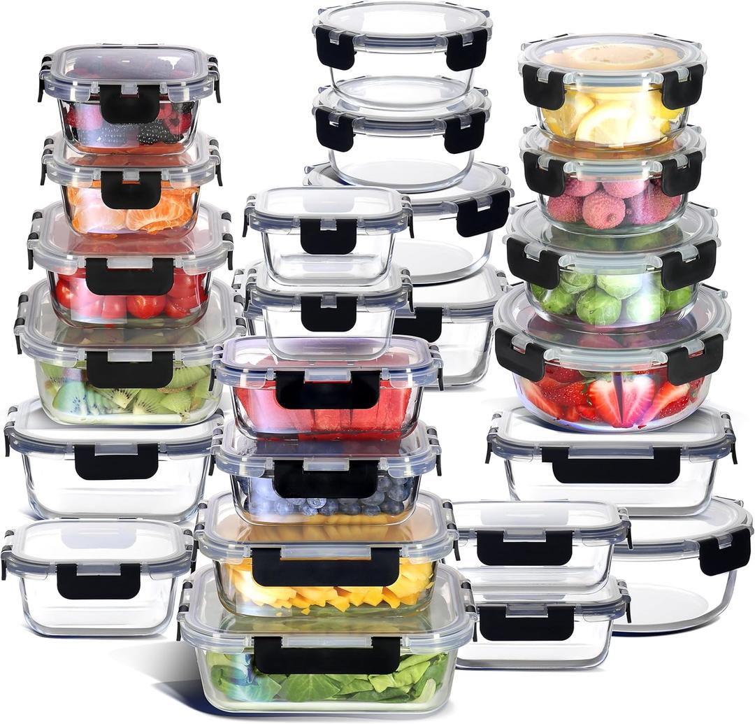 EATEX 48pc Glass Storage Containers with Lids, 24 Set Glass Food Storage Containers with 24 Airtight Lids, Pantry Kitchen Meal Prep Containers for Lunch, Freezer Storage Containers, Dishwasher Safe (24 Pack Standard, Black)