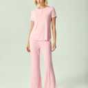 GYS Women's Bamboo Viscose Pajamas Short Sleeve Sleep Shirt and Flare Pj Pants Sleepwear Set (S)