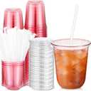 Ziliny 50 Sets Clear Plastic Cups with Lids and Straws, Disposable Iced Coffee Cups Drinking PET for Cold Drinks, Juice, Smoothie, Coffee Shops, Party, Christmas (14 oz,Pink)