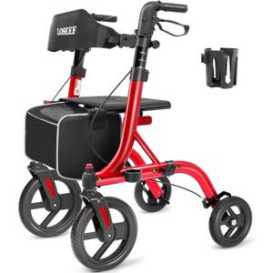 LOSEEF Rollator Walkers for Seniors, 10" Big Rubber Wheels All Terrain Rollator Walker with Adjustable Backrest and Handles, 350 Lbs, Cup Cane Holder, Foldable Lightweight Walker with Seat for Seniors Red