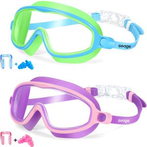 Seago Swim Goggles 2 Pack Anti-Fog Anti-UV Wide View Swimming Goggles for Kids 3-14 (Pink & Green Blue)
