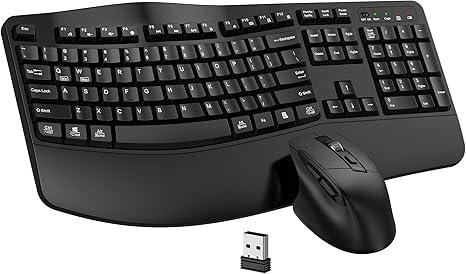 Wireless Keyboard and Mouse Combo, EDJO 2.4G Full Size Wave Keys Ergonomic Keyboard with Wrist Rest and 3Level DPI Adjustable Wireless Ergonomic Mouse for Windows, Mac OS Desktop/Laptop/PC(Black)