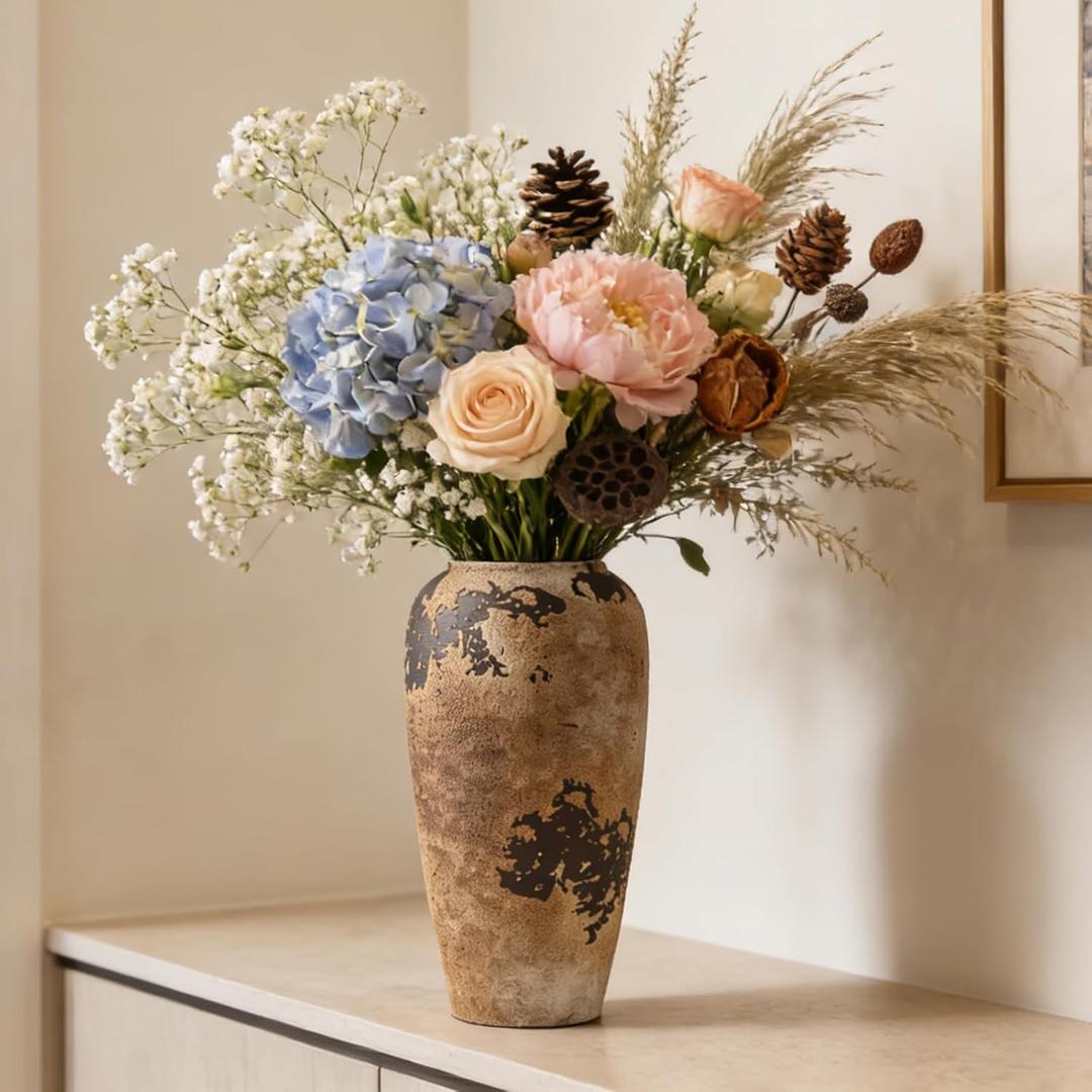 Rustic Ceramic Vase, 12.6 Inch Wabi Sabi Decorative Pottery Flower Vase, Vintage Neutral Vase for Centerpieces, Living Room, Shelf, Entryway, Wedding, Table Decoration