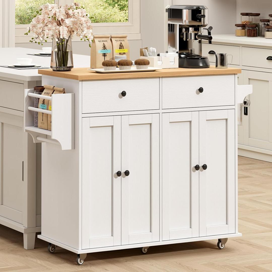Kitchen Island with Storage, 35.4" Rolling Kitchen Island Cart on Wheels with 2 Drawers&Doors, Portable Kitchen Island Cart with Spice Rack&Towel Rack for Small Spaces Dining Room, White