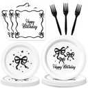 Black Bow Birthday Party Supplies, 96Pcs Conquette Birthday Decorations Includes Plates Napinks Forks Black Bow Theme Tableware Party Supplies