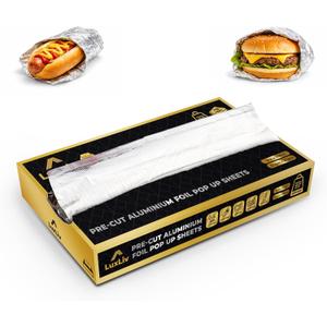 Pre-Cut Aluminum Foil Sheets 200 Count  12 x 10.75 Inches Pop-Up Foil Sheets, Heavy Duty 18 Micron, Disposable Food Wrap for Restaurants, Catering, BBQ, Deli & Kitchen Use