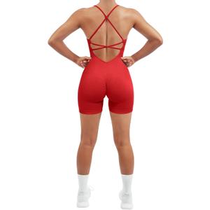 SUUKSESS Women Strappy Romper Seamless Jumpsuit Tummy Control Padded Sports Bra (Small, 11 Red)