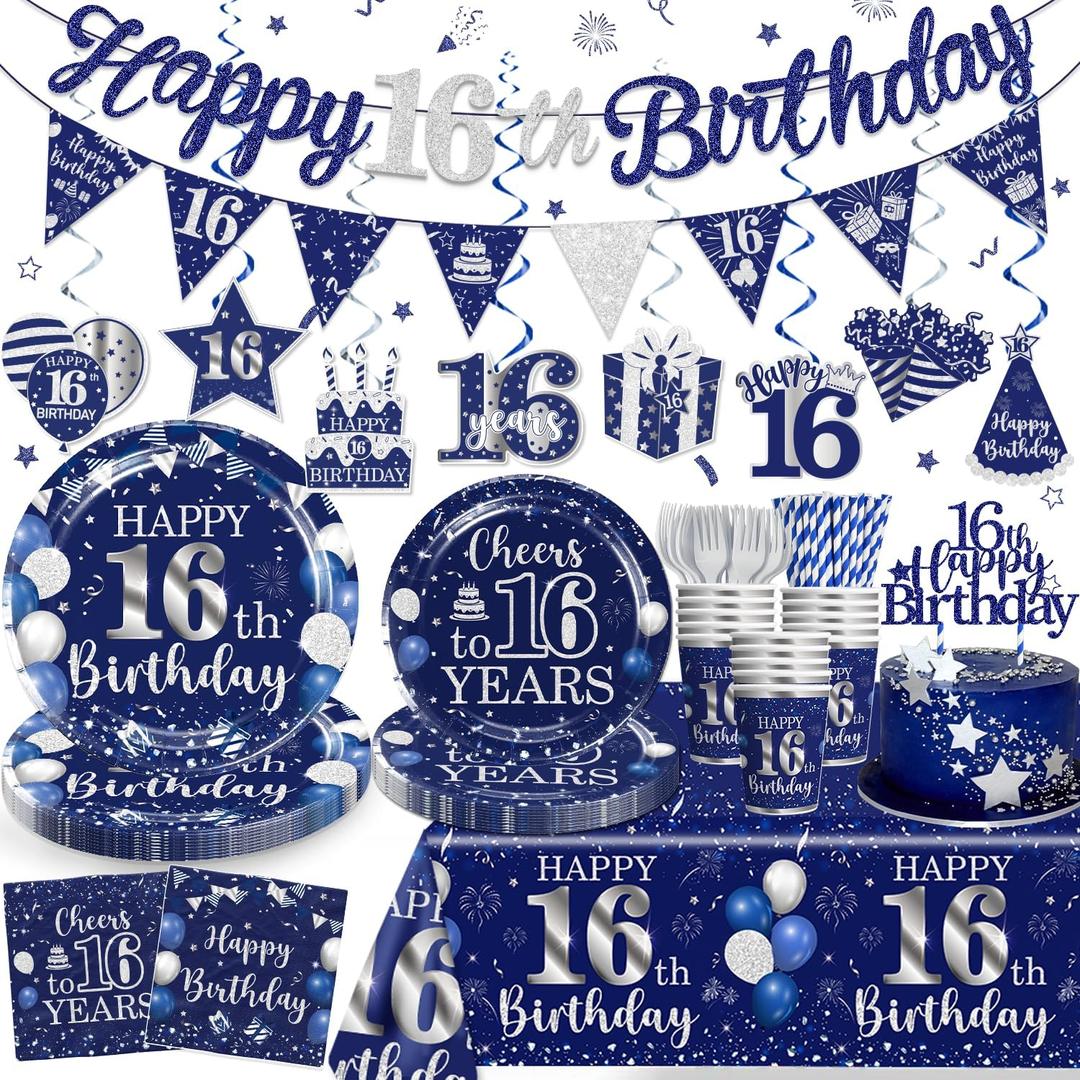 162pcs 16th Birthday Decorations for Boys Navy Blue Silver Include 16th Birthday Plates and Napkins Set, Banner, Hanging, Tablecloth, Cake Topper, for Boys Girls 16th Birthday Party, Serve 25