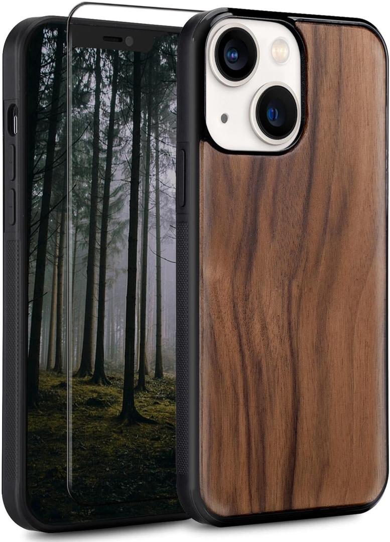 Wood Case for iPhone 14 Plus - Real Natural Wood,- Slim Shockproof Hybrid Wooden Cover (Walnut, iPhone 14 Plus)