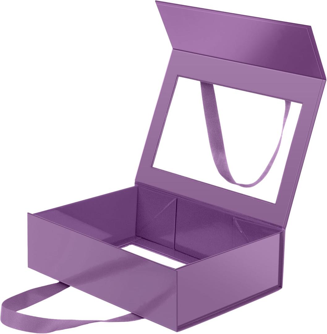 Purple Gift Box with Window, Clear Magnetic Gift Box for Present, Bridesmaid Proposal Box (10.5x7.5x3 Inches)