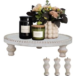 MAONAME Farmhouse Wood Riser for Display, Decorative Pedestal Stand for Kitchen Counter, Rustic Round Beaded Wooden Display Tray for Home Decor, Short and Tall Footed, 11.87 Inch