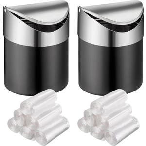 2 Pcs Desk Can with Swing Lids, 12 Rolls of Bags, 2L Brushed Stainless Steel Countertop Garbage Bin Small Wastebasket with Lid for Office Desk, Coffee Table(Matte Black)