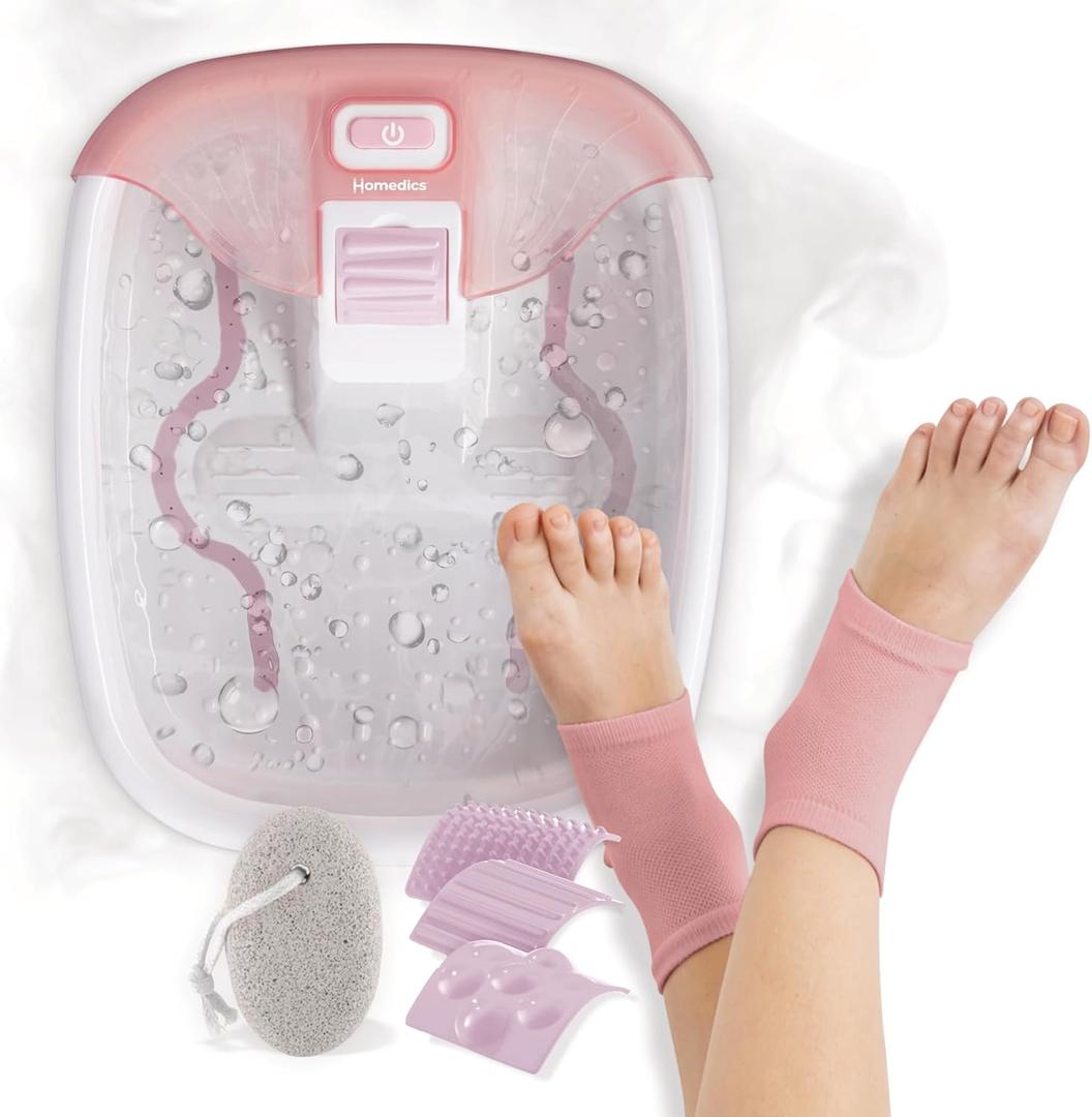 Homedics Bubble Bliss Deluxe Footbath Gift Set  Heated Foot Spa with Invigorating Bubbles, 3 Massage Attachments, Pumice Stone, Moisturizing Heel Socks & Splash Guard for Ultimate Relaxation (Pink)