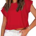 Summer Short Sleeve Crop Tops Womens Crewneck Roll Cap Sleeve T Shirts Loose Fit Basic Tees (Red, S)