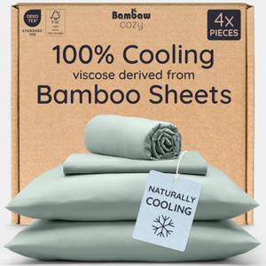 Bambaw King Sheets Set 4pcs 100% Viscose Derived from Bamboo Sheets King Size Deep Pocket, Fits Up to 16'', Luxury Bedding, Super Soft & Cooling Sheet Set (Sea Glass)