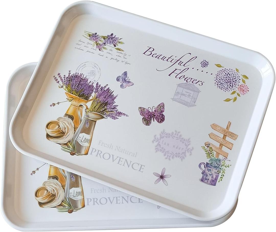 Large Serving Platter Melamine Trays 2 Pack Stackable Food Tray with Floral Print for Gift, Party, Decor, Home, Restaurant (Purple Lavender, Large)