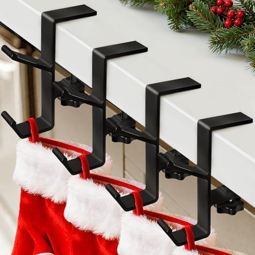 Auzky 4 Pack Stocking Holders for Mantle, Mantle Garland Hangers, Fireplace Stocking and Garland Hanger, No Drilling Required, Adjustable, Metal, Black
