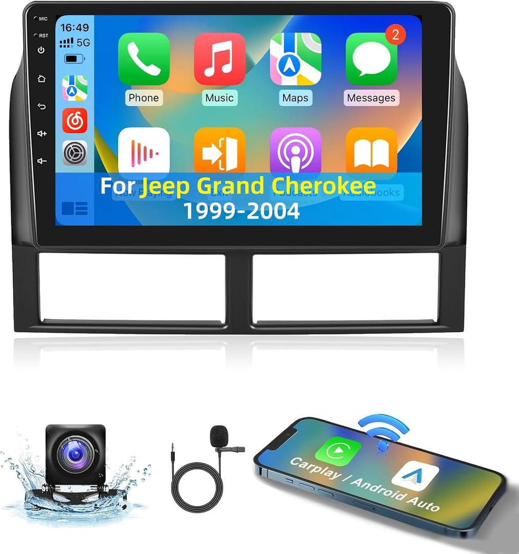 Android 4G+64G Car Radio for Jeep Grand Cherokee 1999-2004 - 9 Inch HD Touch Screen Stereo with Wireless Carplay & Android Auto - 32 EQ DSP/WiFi/GPS/SWC/Split Screen + AHD Rear View Camera