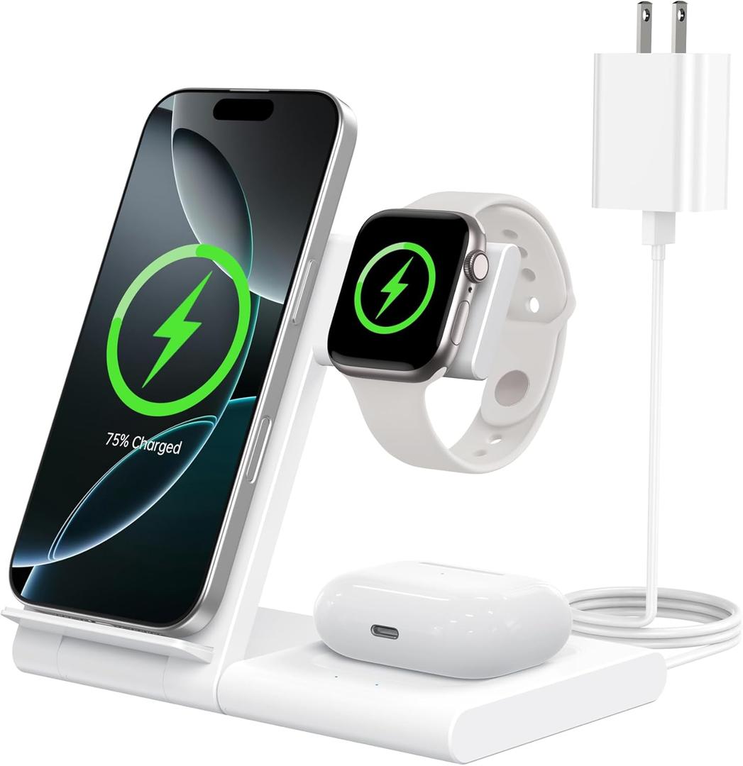 Charging Station for Multiple Devices Apple, Foldable 3 in 1 Wireless Charger for iPhone 16/15/14/13/12/Pro/Max/Plus, Apple Watch 10/9/Ultra/8/7/6/5/4/3/2/SE & AirPods 4/3/2/Pro (White)