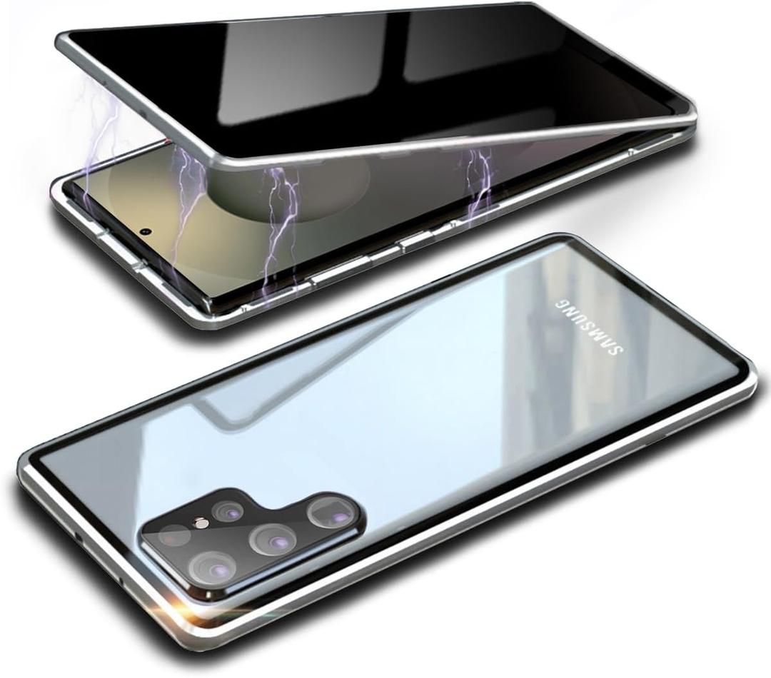 Magnetic Privacy Case for Samsung S25 Ultra,Anti Peeping Screen Protector Double-Sided Tempered Glass Metal Bumper Anti SPY Cover,360 Degree Phone Case for Samsung Galaxy S 25 Ultra,Titanium Silver