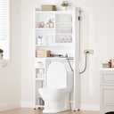 Cozivolife Over The Toilet Storage Cabinet with Acrylic Door Panel and Paper Towel Drawer, Bamboo Space Saver Shelf, Bathroom Organizer Rack Above WC (with Power Strip, White)